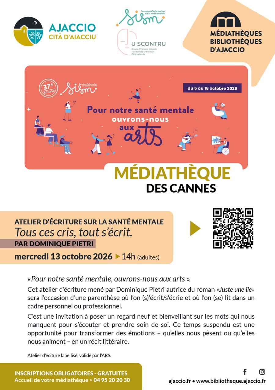 Affiche de Atelier d'écriture sur la santé mentale « Tous ces cris. Tout s'écrit. » par Dominique Pietri - Médiathèque des Cannes