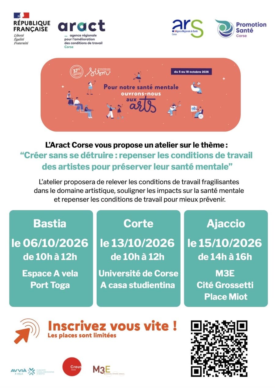 Affiche de Atelier proposé par L'Aract Corse : “Créer sans se détruire : repenser les conditions de travail des artistes pour préserver leur santé mentale” - Espace A vela