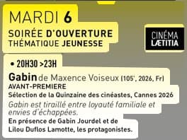 Affiche de Festival du film Documentaire proposé par CORSICADOC autour du thème ''Jeunesse'' / Soirée d'ouvertrure, Projection du film "Gabin" en présence de Gabin Jourdel et de Lilou Duflos Lamotte, les protagonistes - Cinéma Laetitia