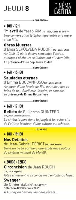Affiche de Festival du film Documentaire proposé par CORSICADOC autour du thème ''Jeunesse'' / Projection des films : "1er avril" et "Obras Muertas" en présence de la réalisatrice Elisa Sepulveda Rudoff - Cinéma Laetitia