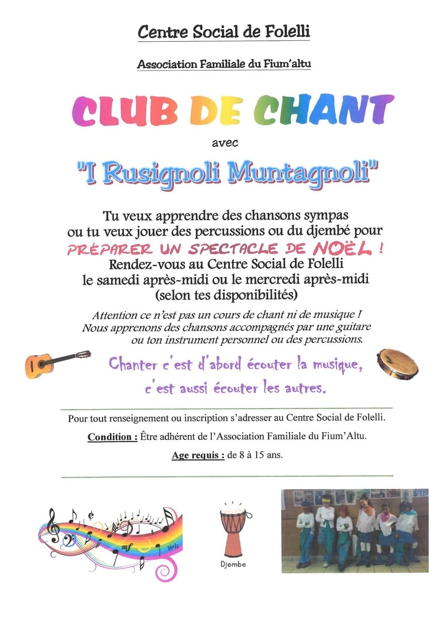Affiche de Atelier Club de chant pour préparer un spectacle de Noël (8/15 ans) avec I Rossignoli Muntagnoli - Centre social du Fium'Altu