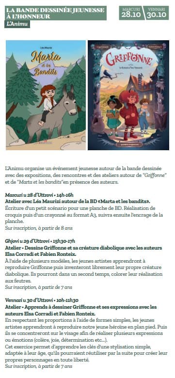 Affiche de Événement jeunesse autour de la bande dessinée : expositions, rencontres et ateliers autour de “Griffonne” et de “Marta et les bandits”en présence des auteurs - Médiathèque l'Animu