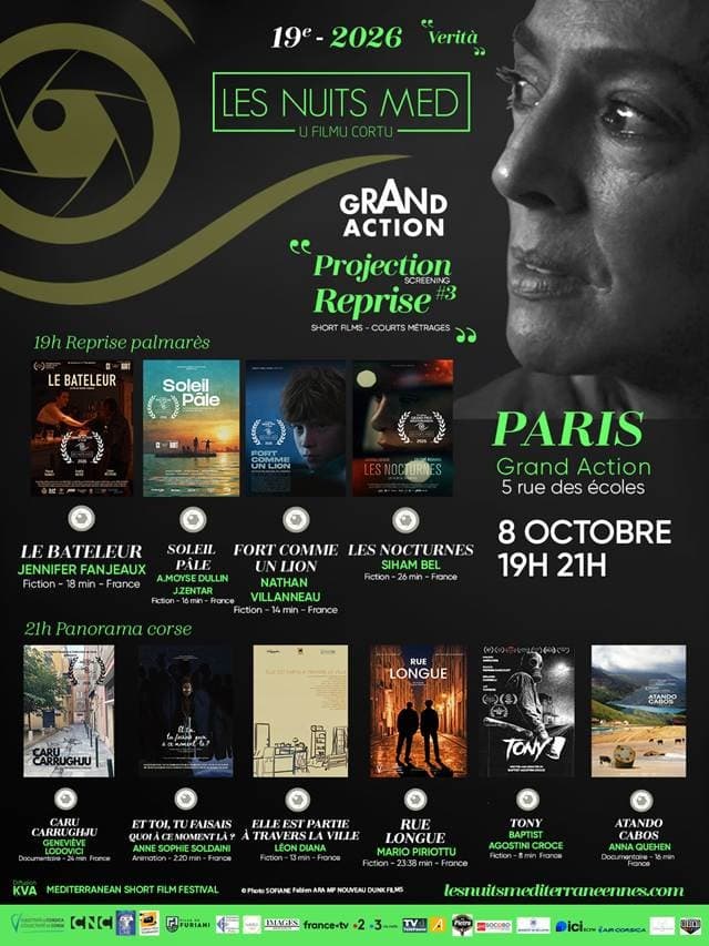Affiche de Les 18e Nuits MED di U Filmu Cortu à Paris au Cinéma Le Grand Action
