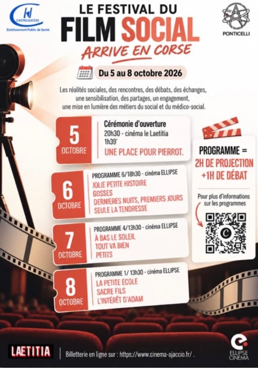 Affiche de Festival du film social organisé par le Service Educatif Ponticelli CH-Castelluccio / Projection des films : À bas le soleil, Tout va bien et Petits - Cinéma Ellipse