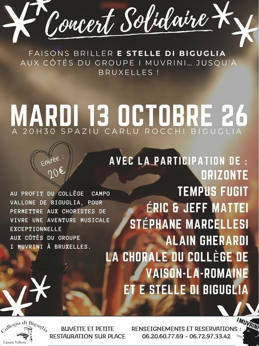 Affiche de Concert solidaire E Stelle di Biguglia avec Orizonte, Tempus Fugit, Jeff & Eric Mattei, Stéphane Marcellesi et Alain Gherardi - Spaziu Culturale Carlu Rocchi